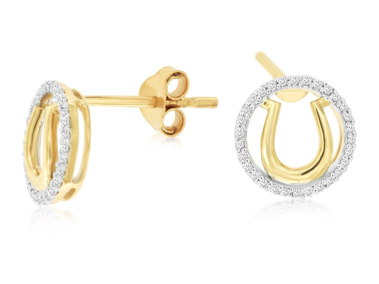 14K YELLOW GOLD POST EARRINGS WITH POLISHED HORSESHOES WITH .12CTTW ROUND I1 CLARITY & HI COLOR DIAMONDS SET IN THE HALOS