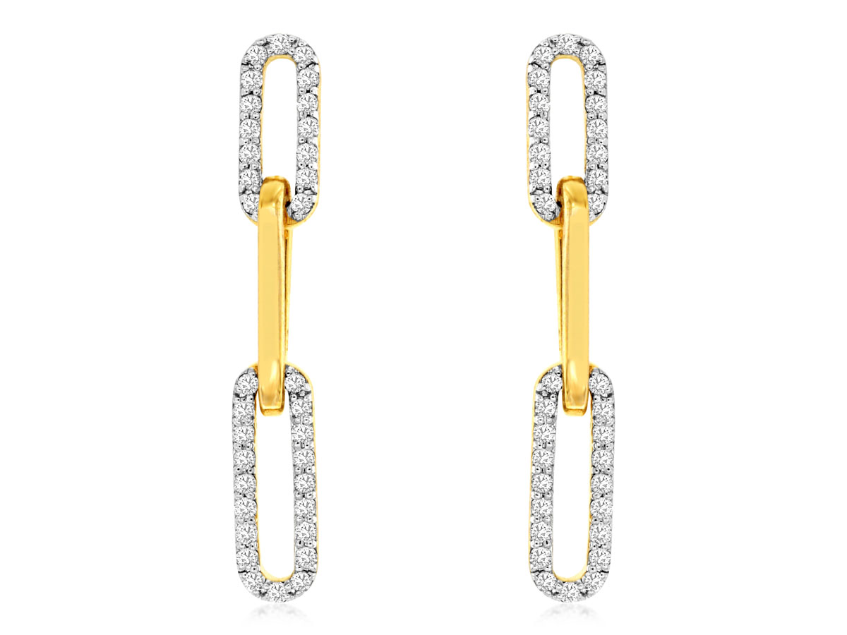 14K YELLOW GOLD TRIPLE LINK PAPERCLIP DROP EARRINGS WITH POLISHED CENTER LINK AND .28CTTW ROUND I1 CLARITY & HI COLOR DIAMONDS