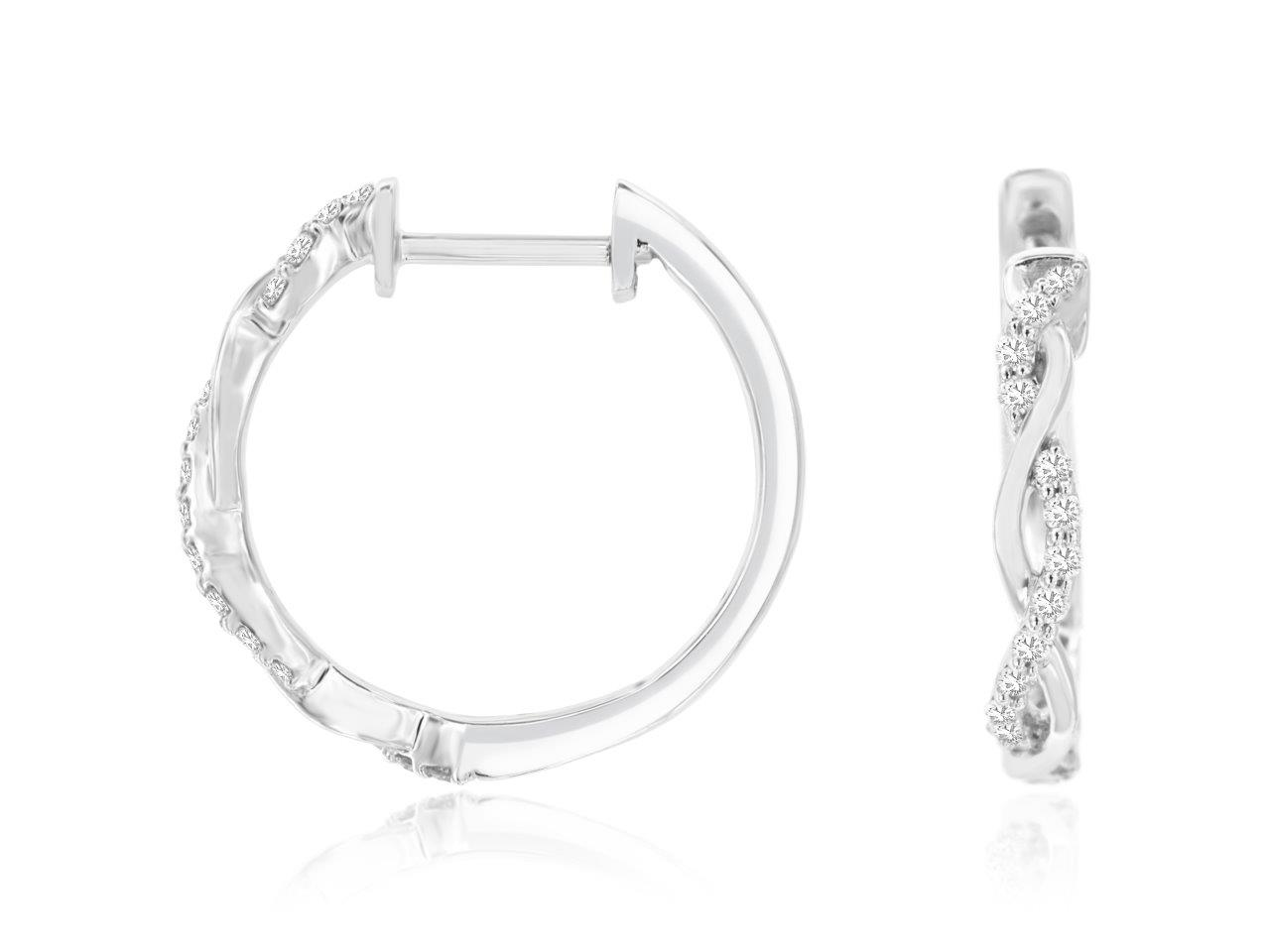 14K WHITE GOLD TWISTED HOOP EARRINGS WITH ONE POLISHED AND ONE SET WITH .21CTTW ROUND I1 CLARITY & HI COLOR DAIMONDS