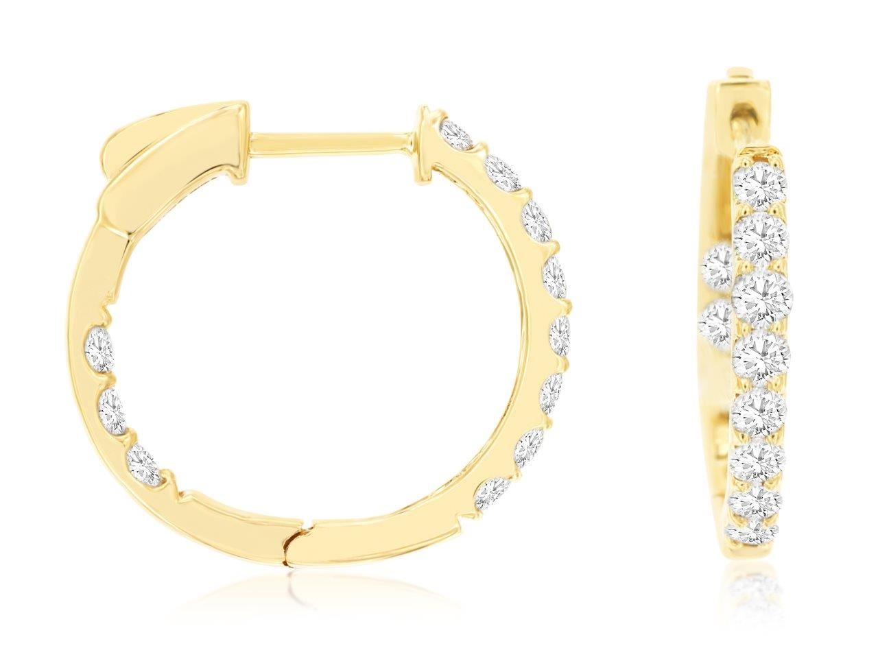 14K YELLOW GOLD INSIDE OUTSIDE HOOP EARRINGS WITH 1CTTW ROUND I1 CLARITY & HI COLOR DIAMONDS WITH LOCKING POSTS