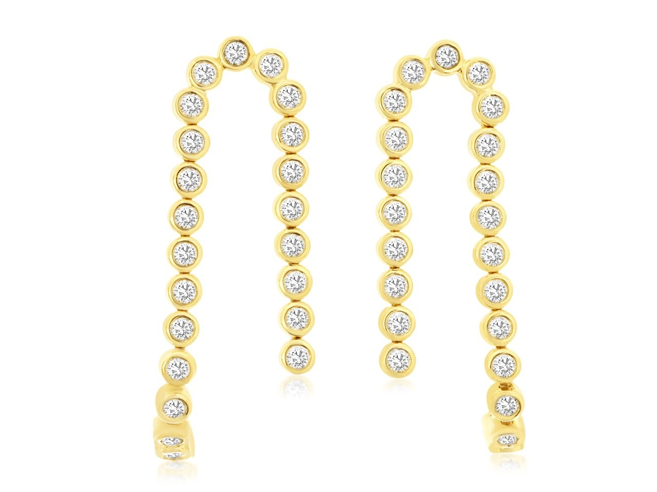 14K YELLOW GOLD CURVED POST DDROP EARRINGS WITH 1CTTW ROUND I1 CLARITY & HI COLOR BEZEL SET DIAMONDS