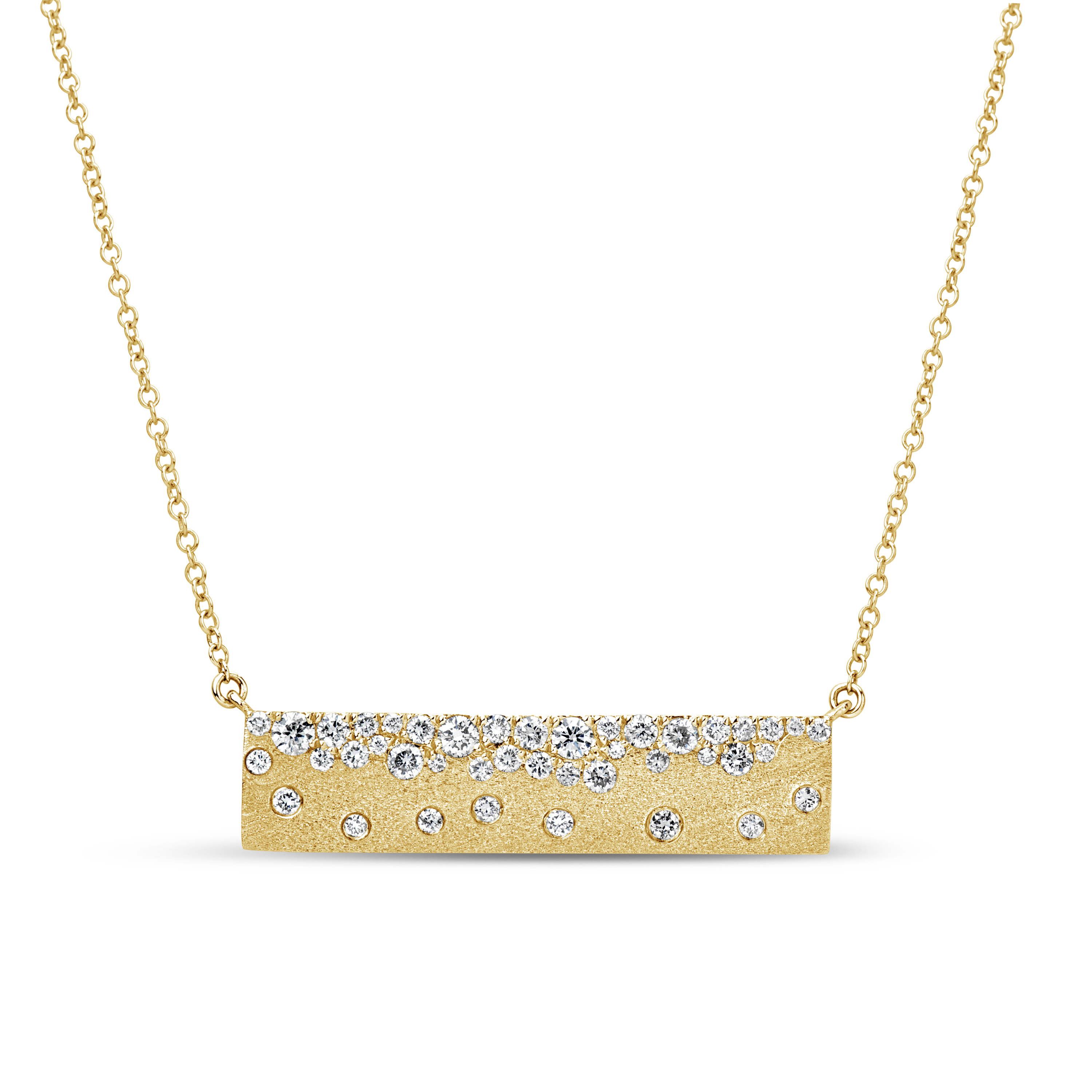 14K YELLOW GOLD CONFETTI SATIN FINISH BAR NECKLACE WITH .59CTTW ROUND SI CLARITY & GH COLOR DIAMONDS ON AN 18
