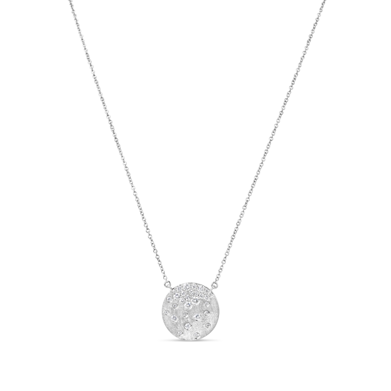14K WHITE GOLD CONFETTI SATIN FINISH ROUND PENDANT WITH .48CTTW ROUND SI CLARITY & GH COLOR DIAMONDS ON A 16/17/18" CABLE CHAIN