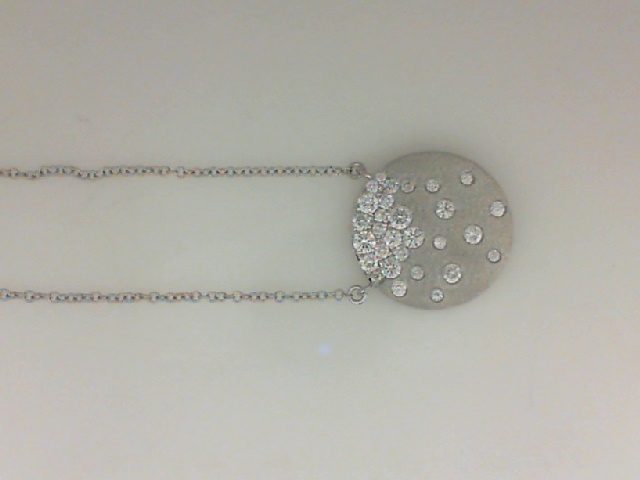 14K WHITE GOLD CONFETTI SATIN FINISH ROUND PENDANT WITH .48CTTW ROUND SI CLARITY & GH COLOR DIAMONDS ON A 16/17/18" CABLE CHAIN