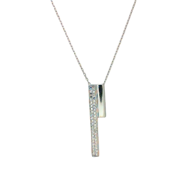 14K WHITE GOLD DOUBLE BAR DROP PENDANT WITH .15CTTW ROUND SI CLARITY & GH COLOR DIAMONDS ON ONE BAR ON A 17/18