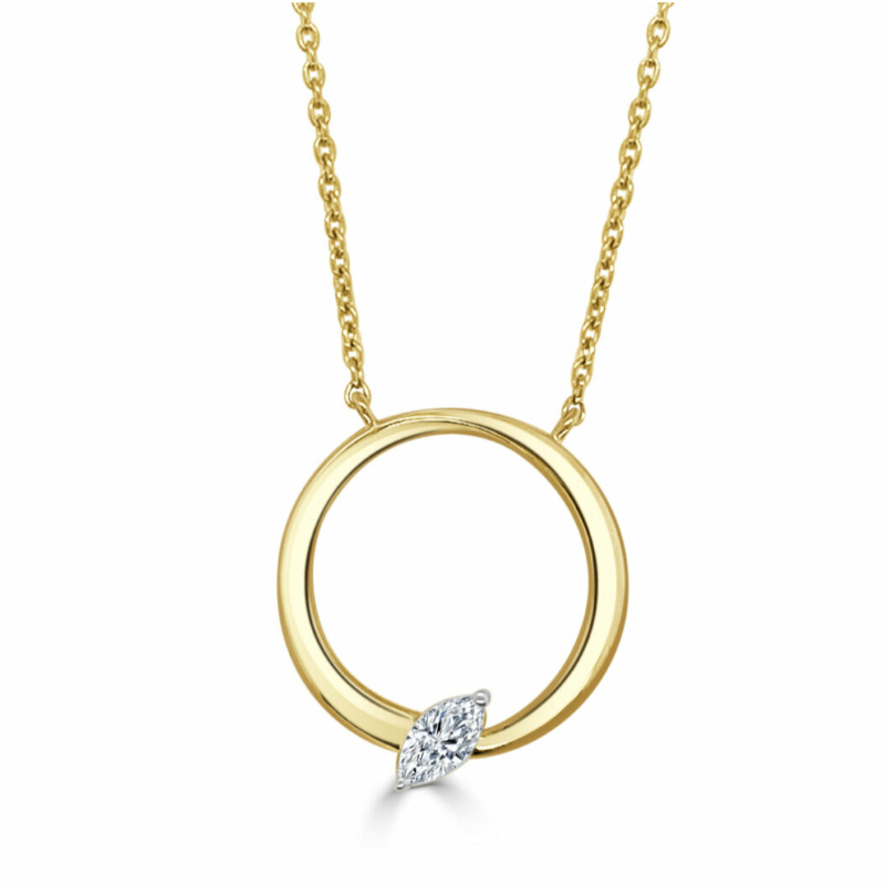 14K YELLOW GOLD CIRCLE PENDANT WITH A .17CT SI CLARITY & GH COLOR MARQUISE DIAMOND ON AN 18" CHAIN