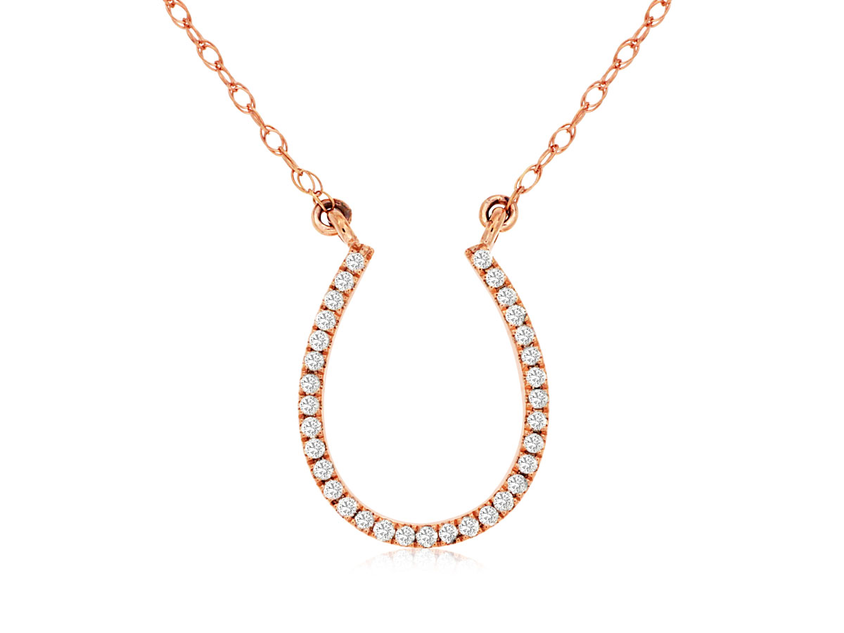 14K ROSE GOLD HORSESHOE PENDANT WITH .12CTTW I1 CLARITY & HI COLOR DIAMONDS ON A PENDANT CHAIN