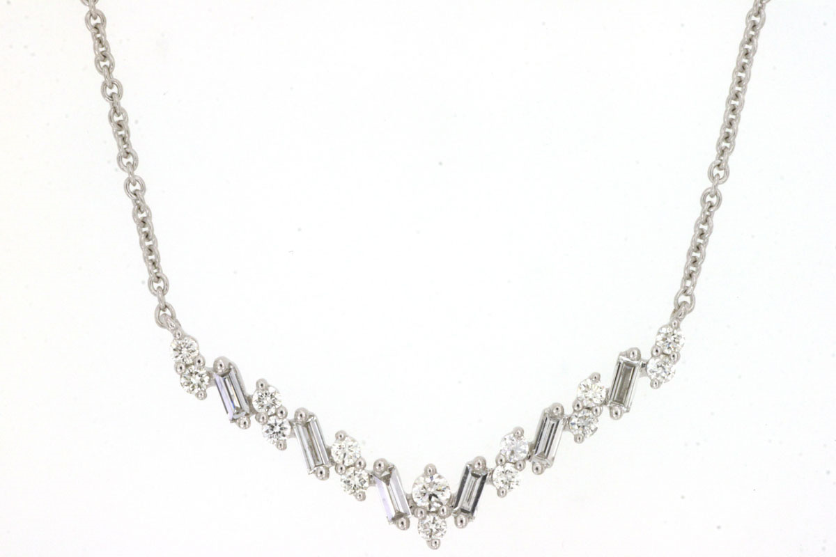 14K WHITE GOLD V SYTLE NECKLACE WITH .34CTTW ROUND AND BAGUETTE I1 CLARITY & HI COLOR DIAMONDS ON A CABLE
