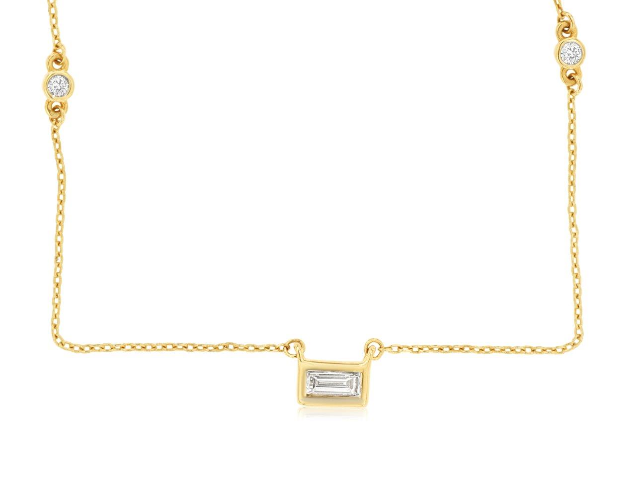 14K YEELOW GOLD .14CTTW BAGUETTE AND ROUND BEZEL SET NECKLACE ON A CABLE CHAIN