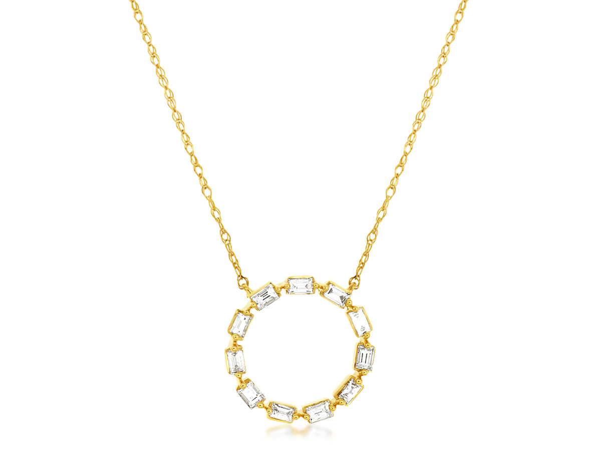 14K YELLOW GOLD CIRCLE PENDANT WITH .25CTTW I1 CLARITY & HI COLOR BAGUETTE DIAMONDS ON A PENDANT CHAIN