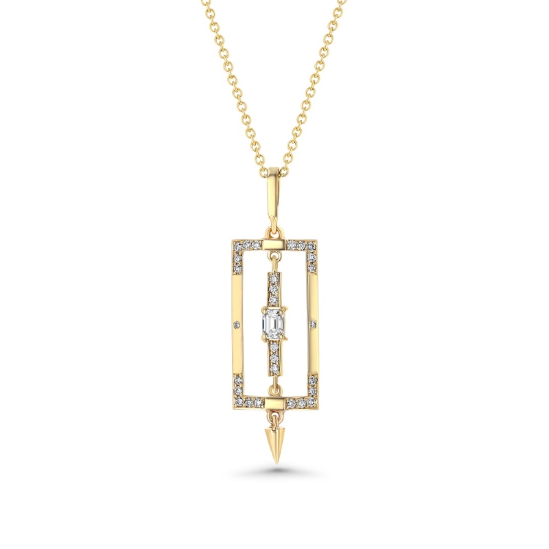 14K YELLOW GOLD RETURN SANS RECTANGLE PENDANT WITH A .10CT EMERALD CUT SI CLARITY & GH COLOR DIAMOND AND .13CTTW ROUND SI CLARITY & GH COLOR DIAMONDS ON AN 18