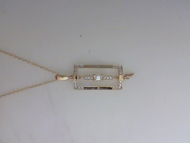 14K YELLOW GOLD RETURN SANS RECTANGLE PENDANT WITH A .10CT EMERALD CUT SI CLARITY & GH COLOR DIAMOND AND .13CTTW ROUND SI CLARITY & GH COLOR DIAMONDS ON AN 18