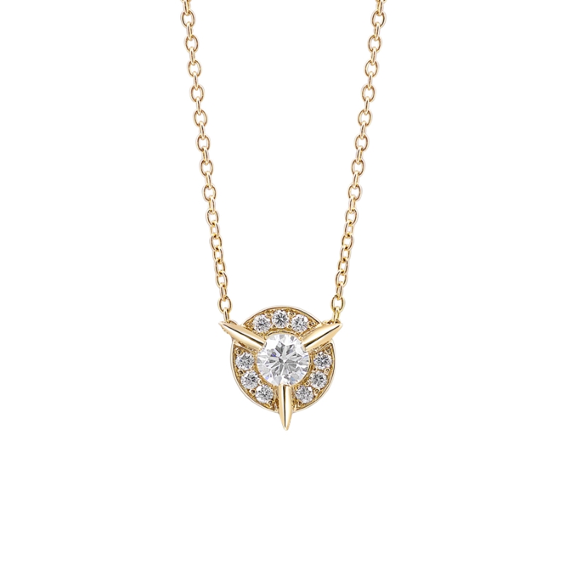 14K YELLOW GOLD SMALL CYCLES SANS NECKLACE WITH A .30CT VVS2 CLARITY & D COLOR (GIA REPORT #6332135449) DIAMOND CENTER AND .06CTTW ROUND SI CLARITY & G COLOR DIAMONDS ON A 16