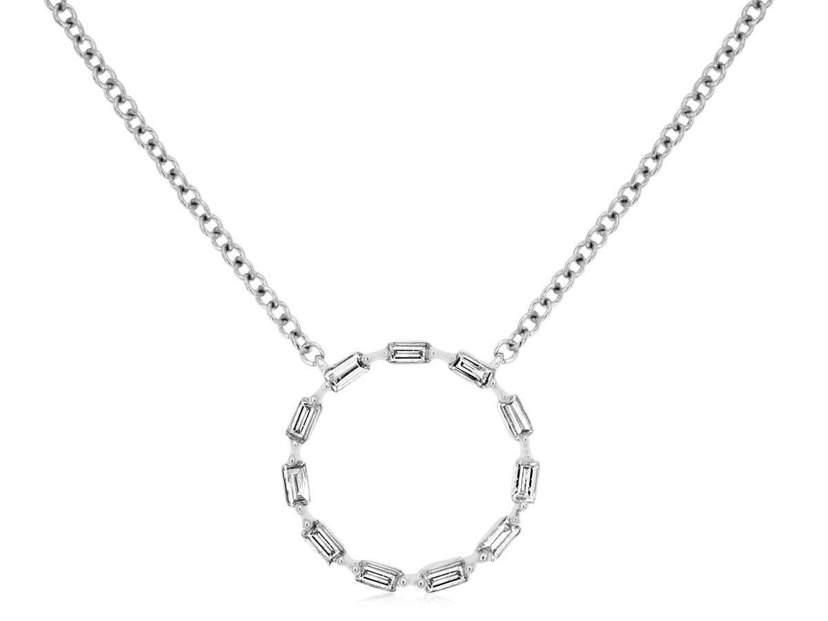 14K WHITE GOLD CIRCLE PENDANT WITH .25CTTW BAGUETTE I1 CLARITY & HI COLOR DIAMONDS ON A PENADNT CHAIN