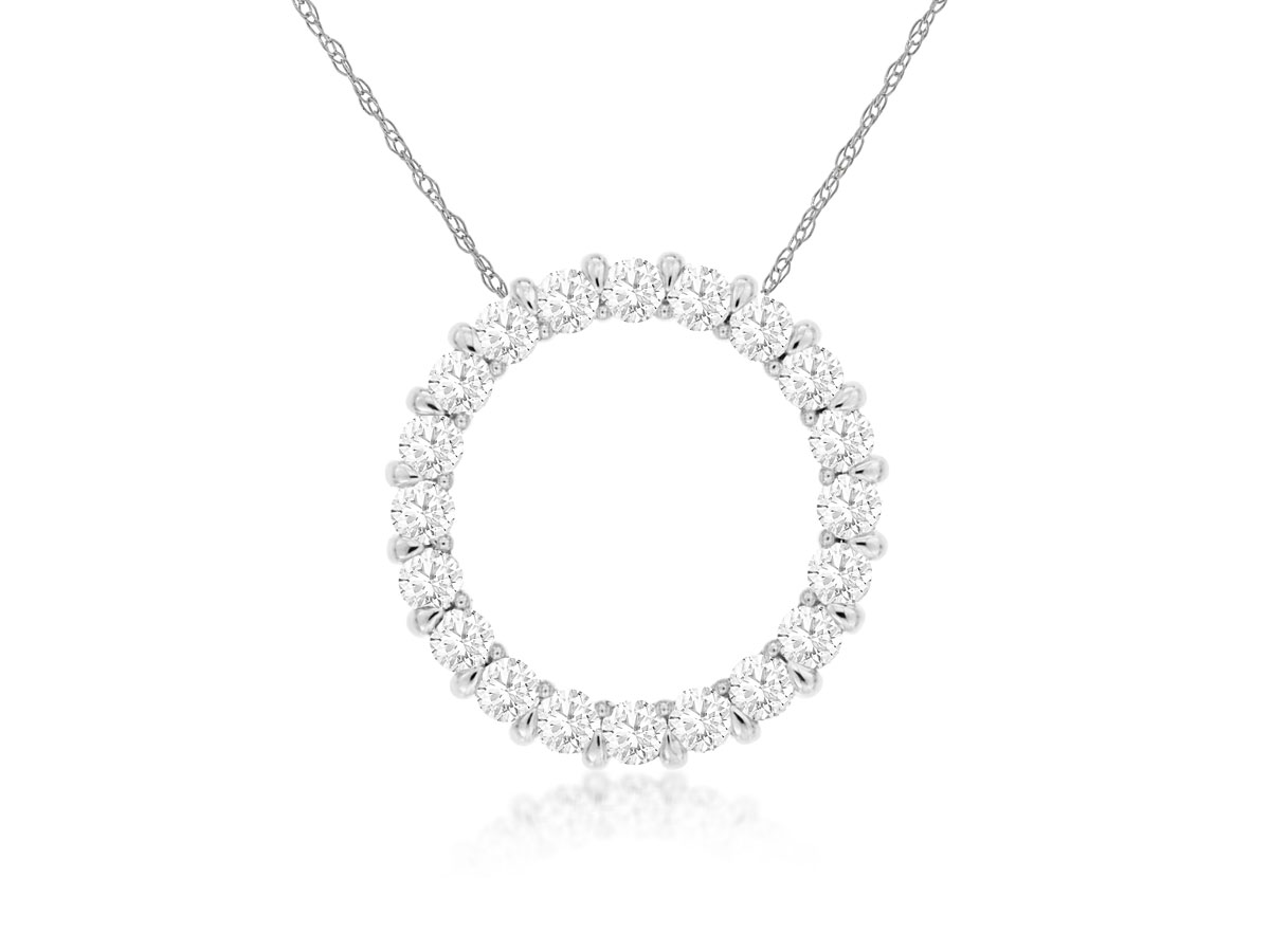 14K WHITE GOLD CIRCLE PENDANT WITH .50CTTW ROUND I1 CLARITY & HI COLOR DIAMONDS ON A PENDANT CHAIN