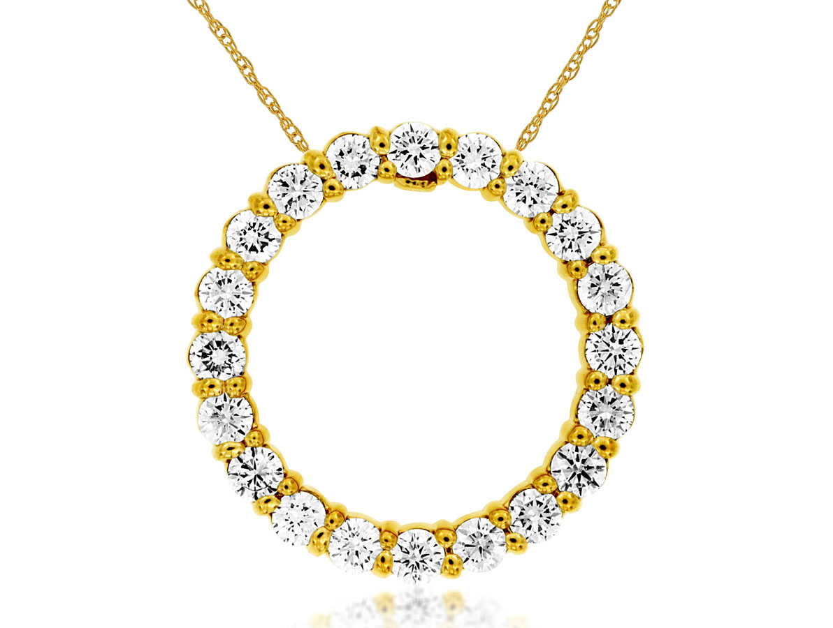 14K YELLOW GOLD CIRCLE PENDANT WITH 1.00CTTW ROUND I1 CLARITY & HI COLOR DIAMONDS ON A PENDANT CHAIN