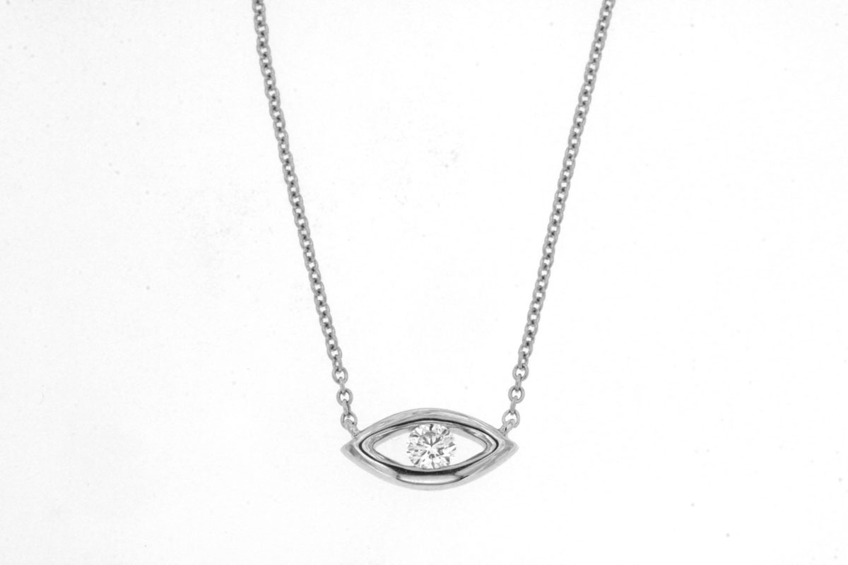14K WHITE GOLD .08CT ROUND BRILLIANT I1 CLARITY & HI COLOR DIAMOND EYE PENDANT