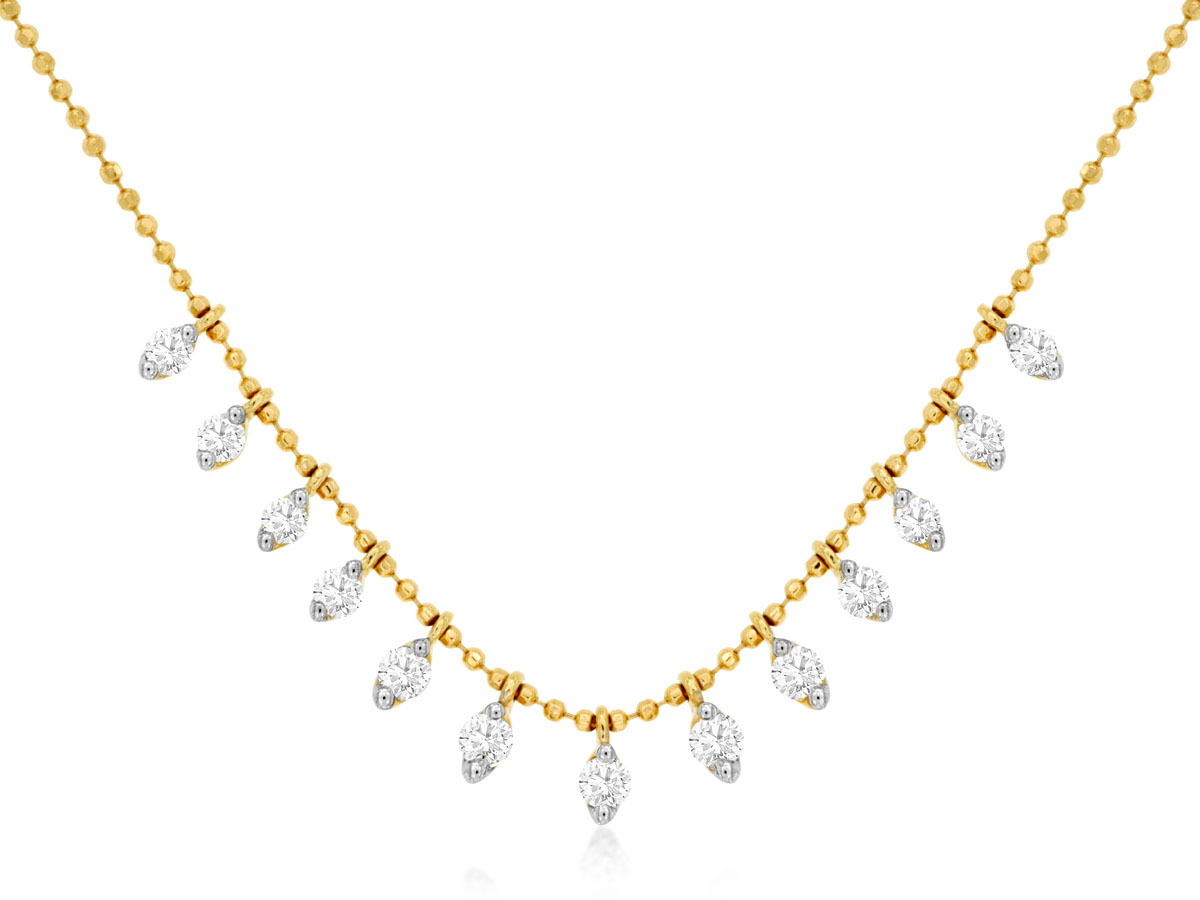 14K YELLOW GOLD BEADED CHAIN WITH .50CTTW ROUND I1 CLARITY & HI COLOR DIAMOND DROPS
