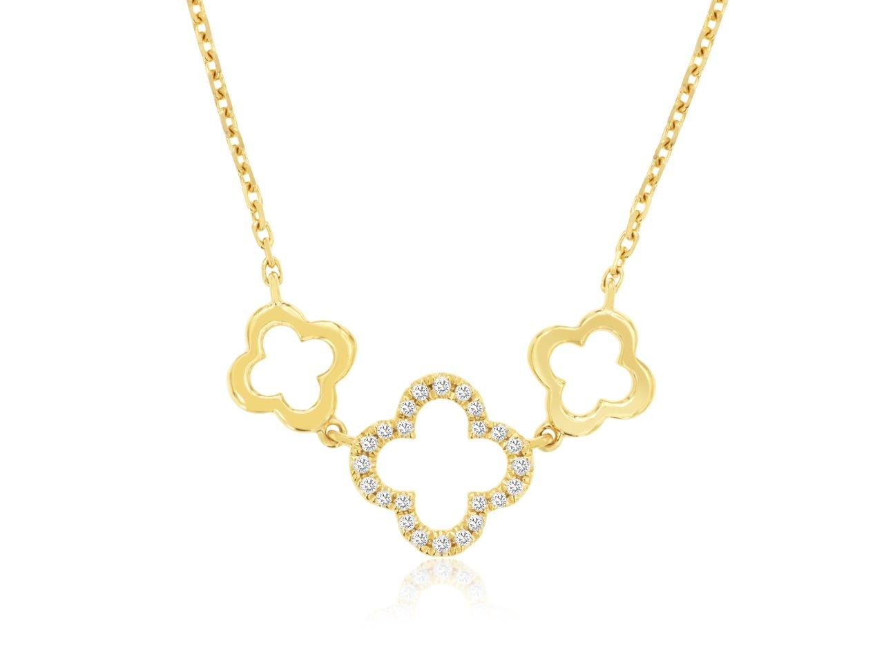 14K YELLOW GOLD TRIPLE CLOVER NECKLACE WITH .10CTTW ROUND I1 CLARITY & HI COLOR DIAMONDS SET IN THE CENTER CLOVER