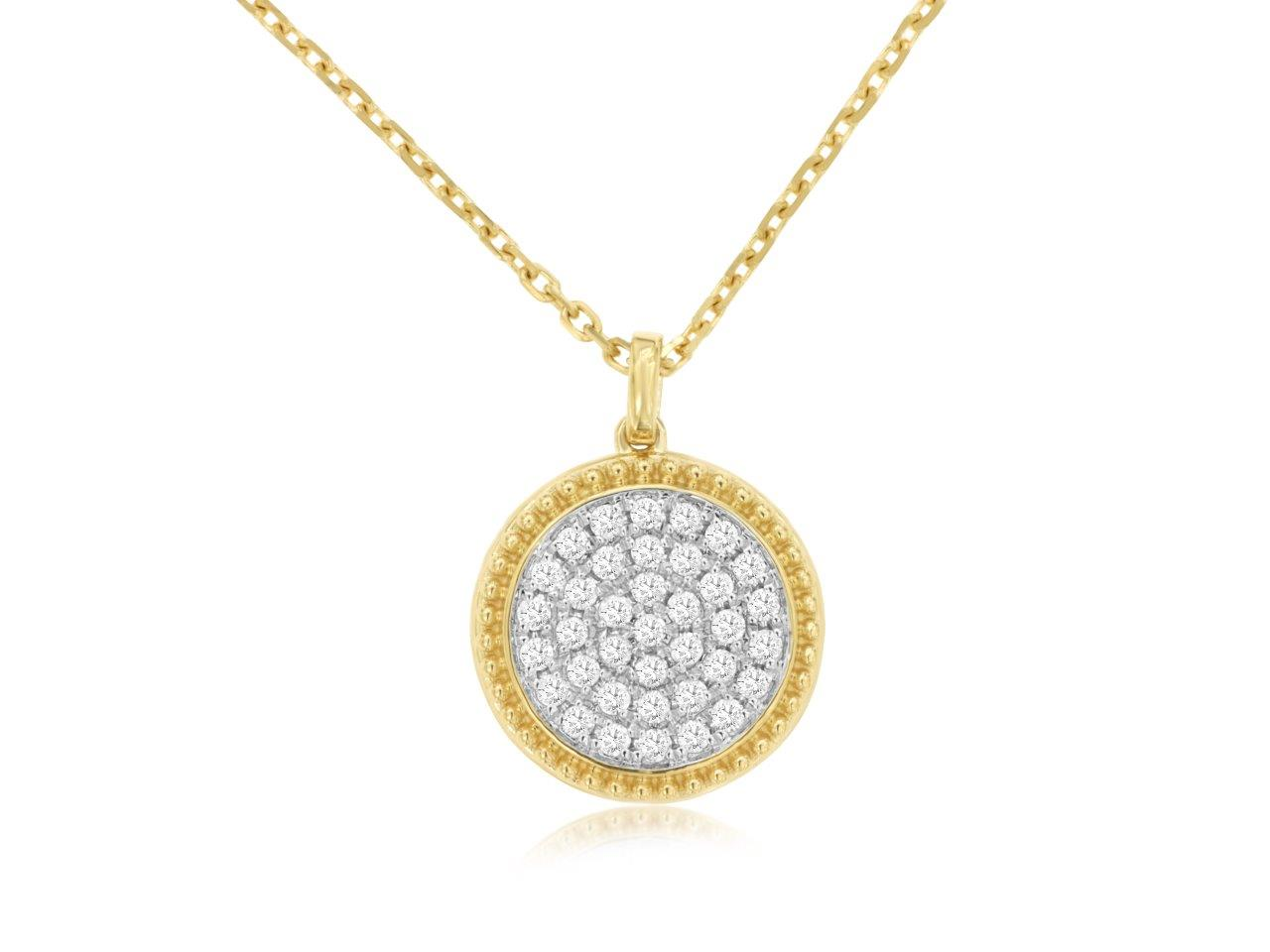14K YELLOW GOLD ROUND CLUSTER PENDANT WITH .30CTTW ROUND I1 CLARITY & HI COLOR DIAMONDS ON A DIAMOND CUT CABLE CHAIN