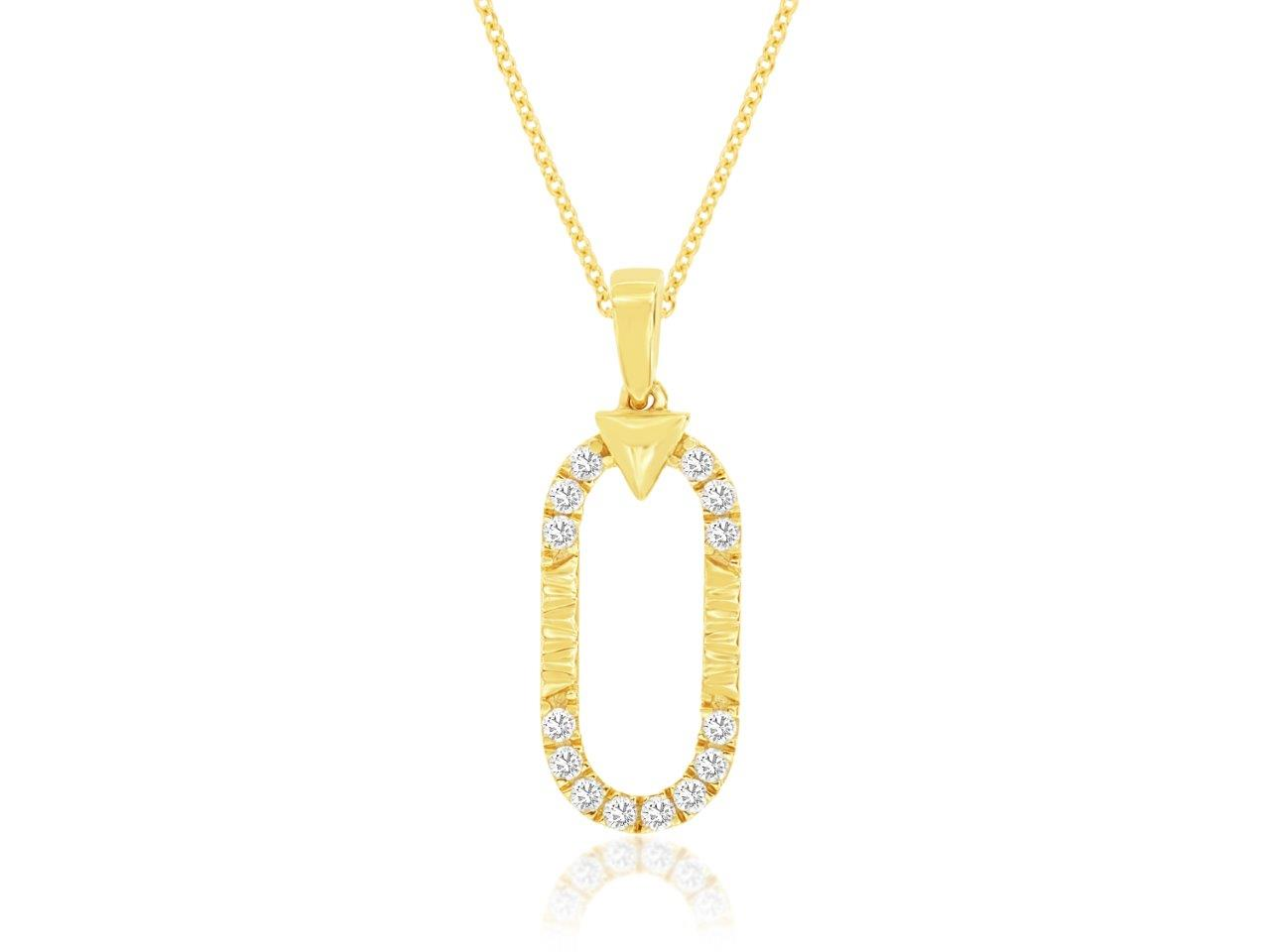 14K YELLOW GOLD OPEN OVAL PENDANT WITH .21CTTW ROUND I1 CLARITY & HI COLOR DIAMONDS SET ON THE TOP AND BOTTOM ON AN 18
