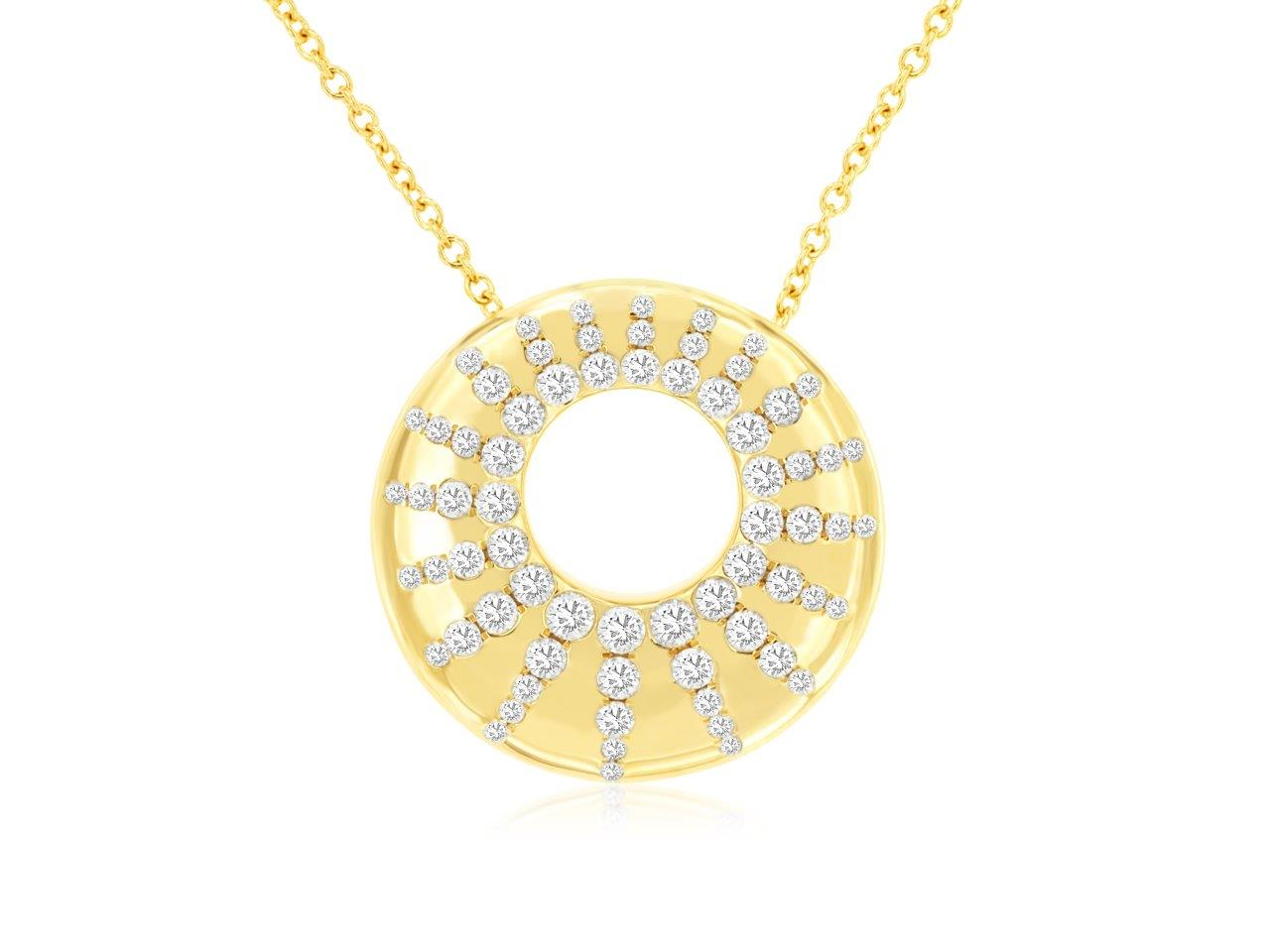 14K YELLOW GOLD ROUND PENDANT WITH .60CTTW ROUND I1 CLARITY & HI COLOR DIAMONDS SET IN A SUNBURST PATTERN ON AN 18