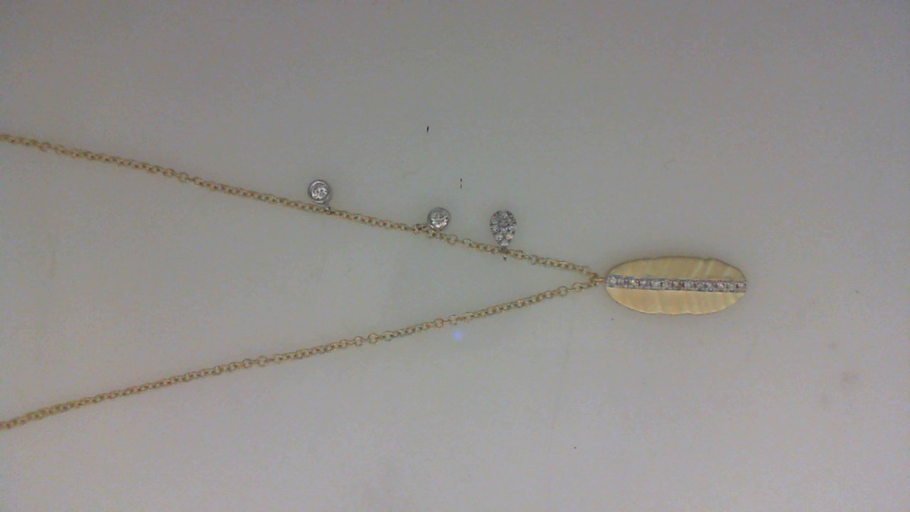 14K YELLOW GOLD LEAF PENDANT WITH .13CTTW ROUND I1 CLARITY & HI COLOR DIAMONDS SET IN THE LEAF AND DROPS ON A 16/17/18