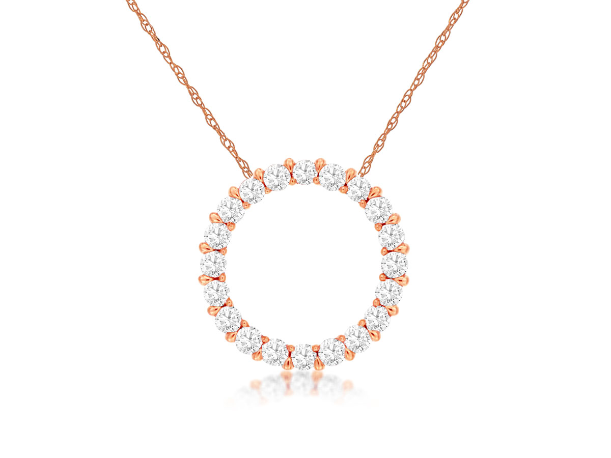 14K ROSE GOLD CIRCLE PENDANT WITH .25CTTW ROUND I1 CLARITY & HI COLOR DIAMONDS ON A PENDANT CHAIN
