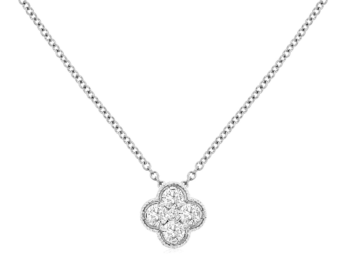 14K WHITE GOLD BEADED CLOVER PENDANT WITH .26CTTW ROUND I1 CLARITY & HI COLOR DIAMONDS ON A PENDANT CHAIN