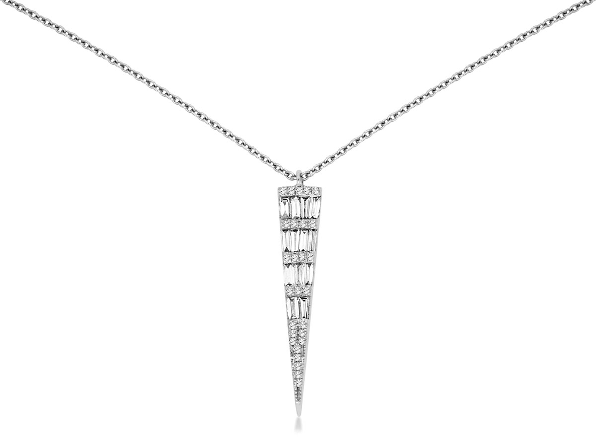14K WHITE GOLD .38CTTW ROUND AND BAGUETTE DIAMOND SPIKE SHAPED PENDANT ON AN 18