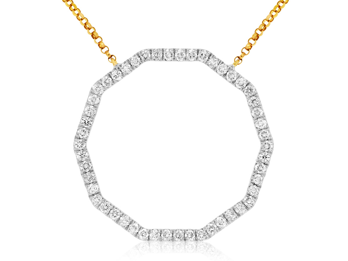 14K YELLOW GOLD CIRCLE PENDANT WITH .58CTTW ROUND I1 CLARITY & HI COLOR DIAMONDS ON AN 18