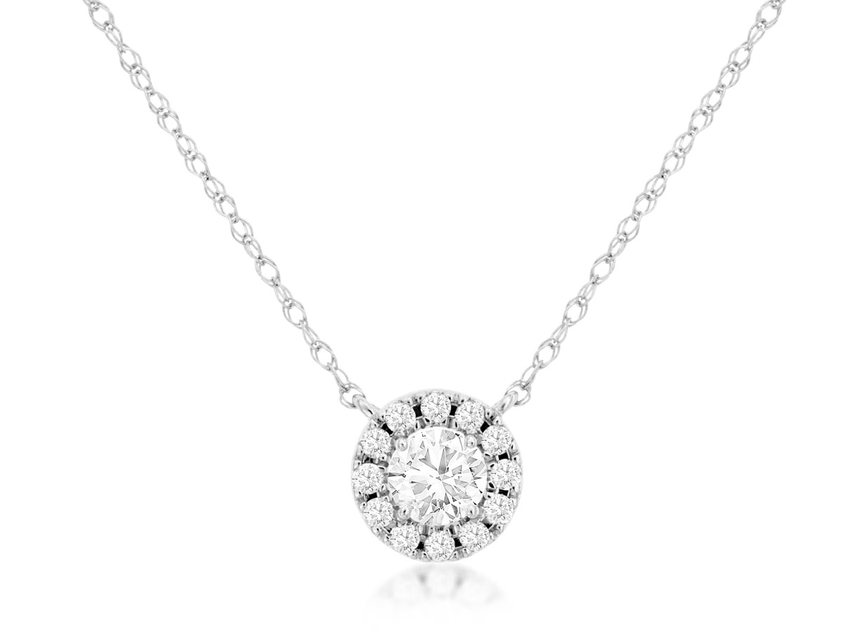 14K WHITE GOLD SOLITAIRE HALO PENDANT WITH .37CTTW ROUND I1 CLARITY & HI COLOR DIAMONDS ON A PENDANT CHAIN