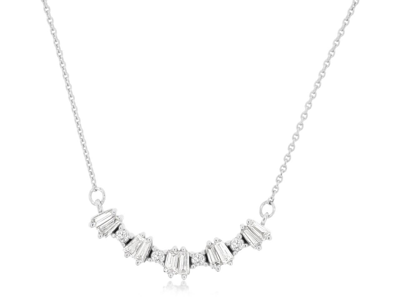 14K WHITE GOLD CURVED NECKLACE WITH .26CTTW ROUND AND BAGUETTE DIAMONDS ON A CABLE CHIAN