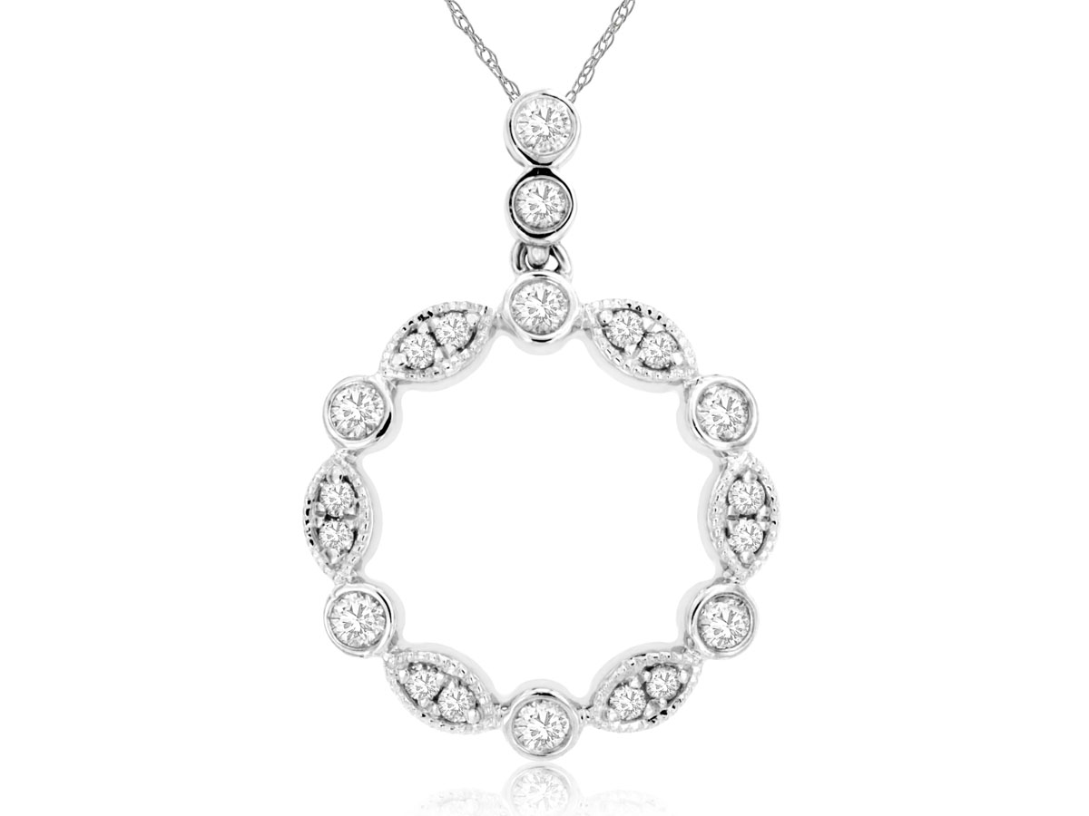 14K WHITE GOLD SCALLOPED CIRCLE PENDANT WITH .38CTTW ROUND I1 CLARITY & HI COLOR DIAMONDS ON A PENDANT CHAIN