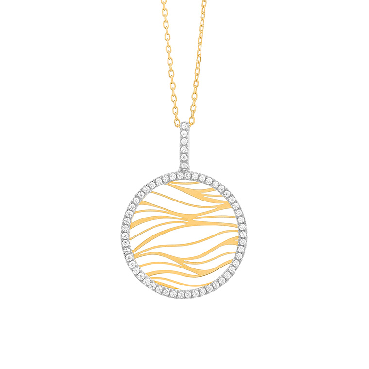14K YELLOW GOLD ROUND WAVE PENDANT WITH .30CTTW ROUND SI CLARITY & GH COLOR DIAMONDS SET IN THE HALO AND BAIL ON A 16/17/18