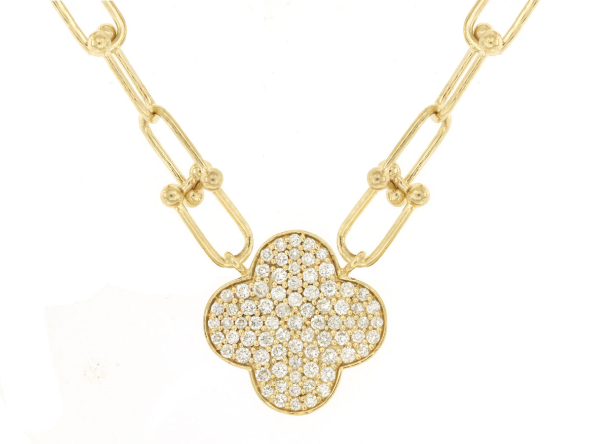 14K YELLOW GOLD INTERLOCKING CHAIN WITH CLOVER PENDANT SET WITH .50CTTW ROUND I1 CLARITY & HI COLOR DIAMONDS