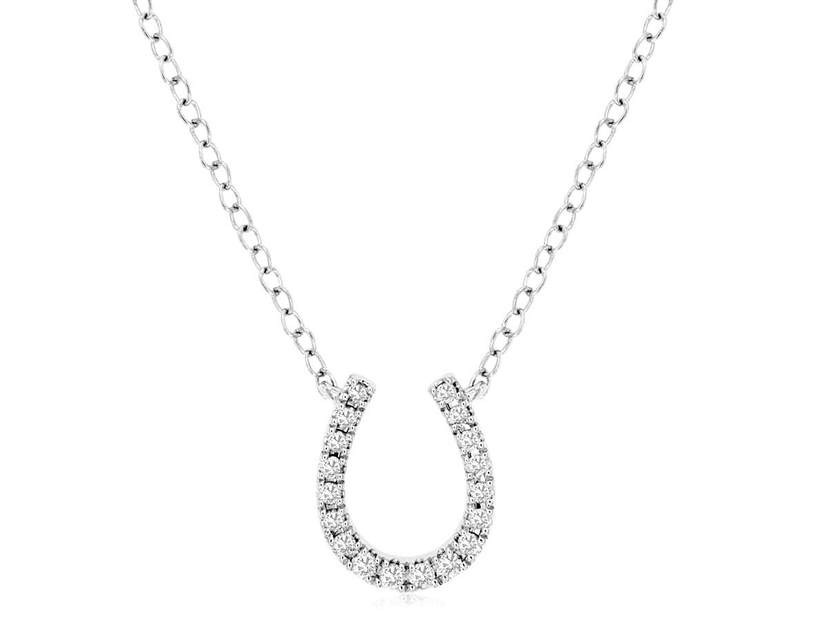 14K WHITE GOLD SMALL HORSESHOE PENDANT WITH .10CTTW ROUND I1 CLARITY & HI COLOR DIAMONDS ON A PENDANT CHAIN
