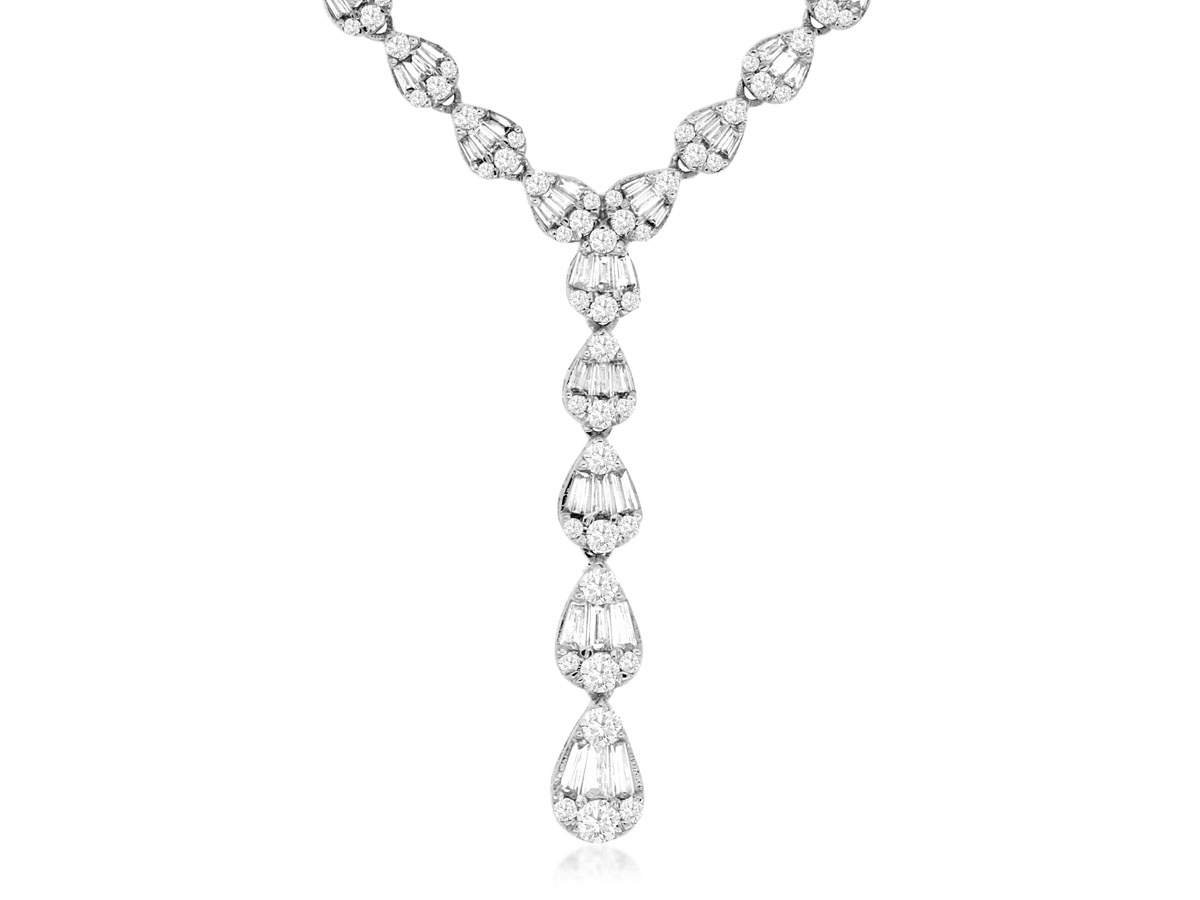 14K WITE GOLD Y NECKLACE WITH 2.80CTTW ROUND AND BAGUETTE SHAPED I1 CLARITY & HI COLOR DIAMONDS SET IN PEAR SHAPED SETTINGS