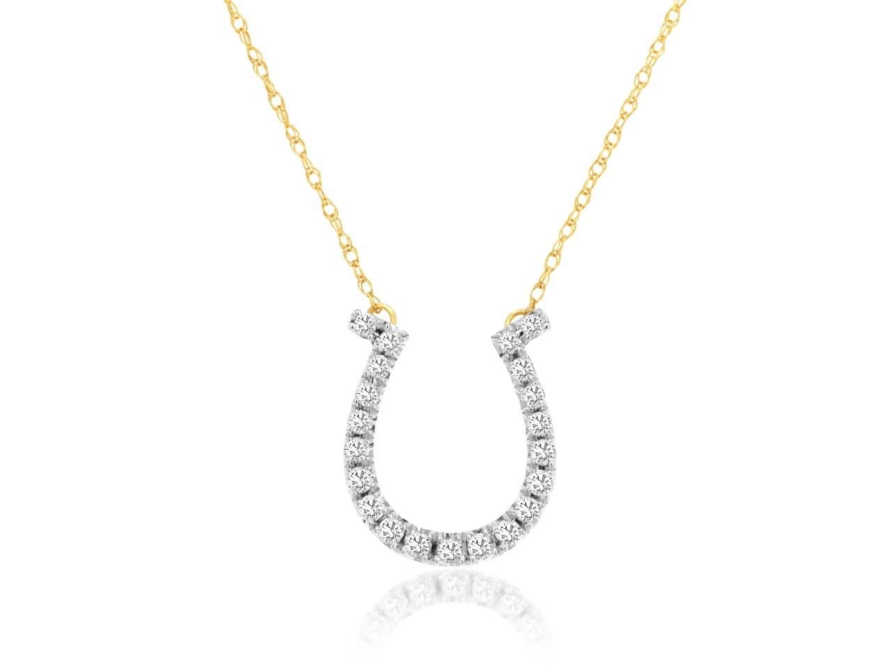 14K WHITE GOLD HORSESHOE PENDANT WITH .25CTTW ROUND I1 CLARITY & HI COLOR DIAMONDS ON A YELLOW GOLD PENDANT CHAIN