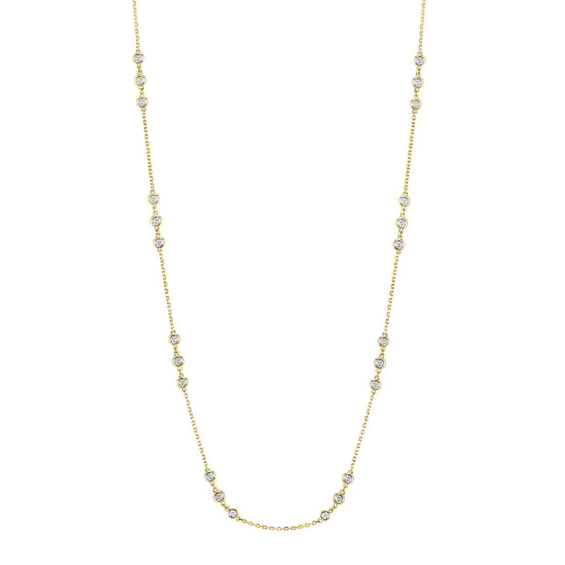 14K YELLOW GOLD 32" DIAMONDS BY THE YEAR NECKALCE WITH 1.60CTTW ROUND SI CLARITY & GH COLOR BEZEL SET DIAMONDS SET IN SECTIONS OF THREE