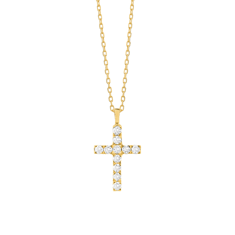 14K YELLOW GOLD CROSS PENDANT WITH .10CTTW ROUND SI CLARITY & H COLOR DIAMONDS ON A 17/18" DIAMOND CUT CABLE CHAIN