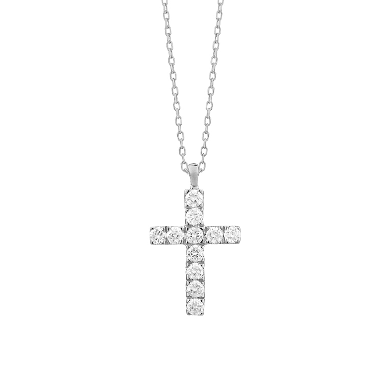 14K WHITE GOLD CROSS PENDANT WITH .20CTTW ROUND SI CLARITY & H COLOR DIAMONDS ON AN 18" DIAMOND CUT CABLE CHAIN