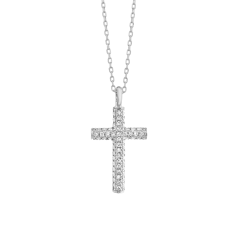 14K WHITE GOLD CROSS PENDANT WITH .15CTTW ROUND SI CLARITY & GH COLOR DIAMONDS ON A 17/18" CABLE CHAIN