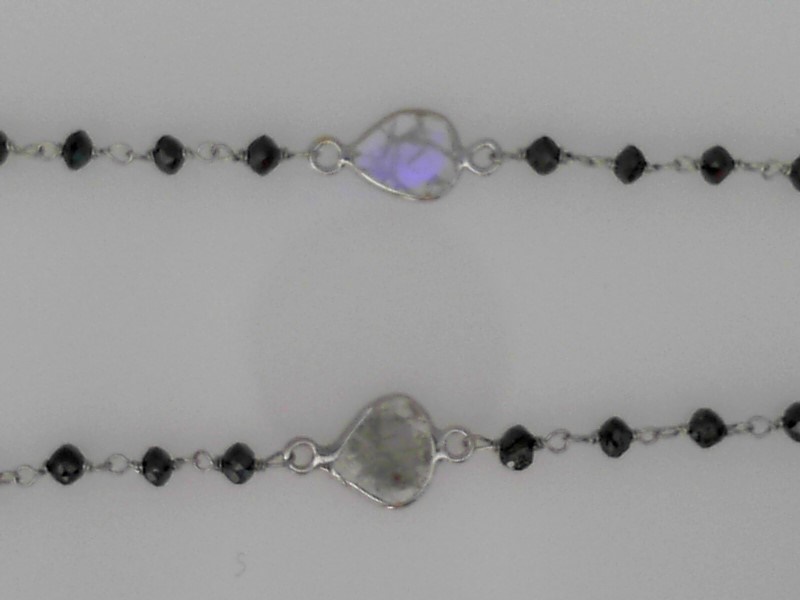 14K WHITE GOLD 18" NECKLACE WITH 5CTTW FACETED BLACK DIAMOND BEADS AND FLAT (5) BEZEL SET SALT AND PEPPER SLICES