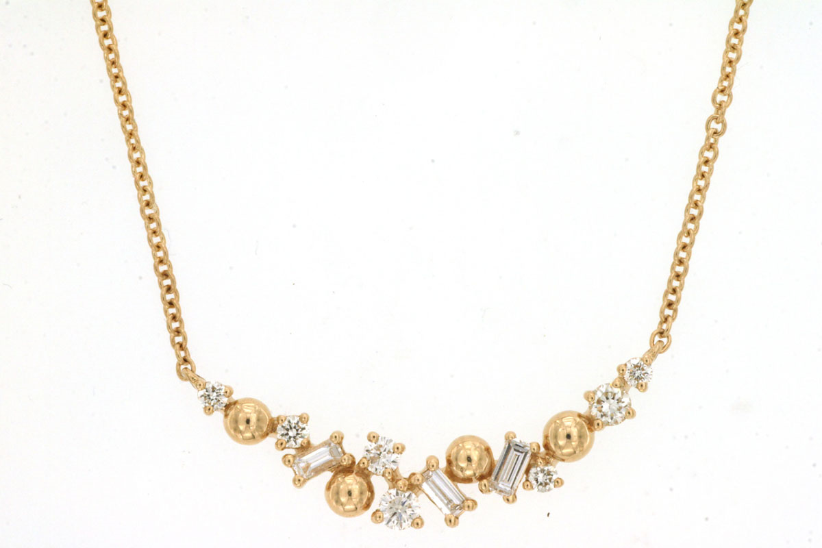 14K YELLOW GOLD CHEVRON NECKLACE WITH .29CTTW ROUND AND BAGUETTE I1 CLARITY & HI COLOR DIAMONDS SET WITH BEAD ON A CABLE CHAIN