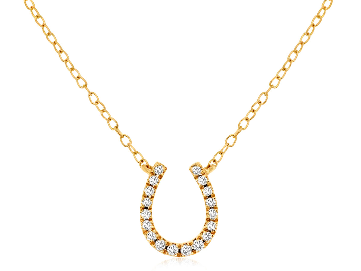 14K YELLOW GOLD SMALL HORSESHOE PENDANT WITH .10CTTW ROUND I1 CLARITY & HI COLOR DIAMONDS ON A PENDANT CHAIN