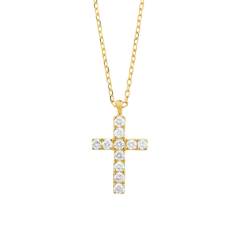 14K YELLOW GOLD SMALL CROSS WITH .20CTTW ROUND SI CLARITY & GH COLOR DIAMONDS ON A 16+2