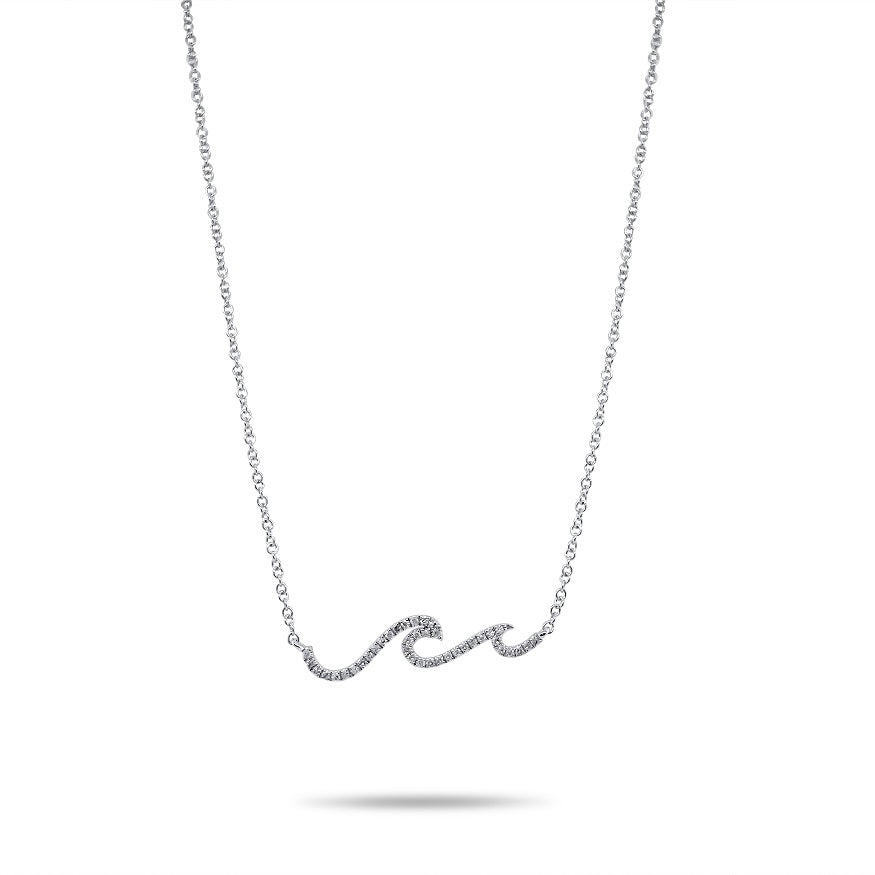 14K WHITE GOLD WAVE NECKLACE WITH .08CTTW ROUND I1 CLARITY & HI COLOR DIAMONDS ON A CABLE CHAIN