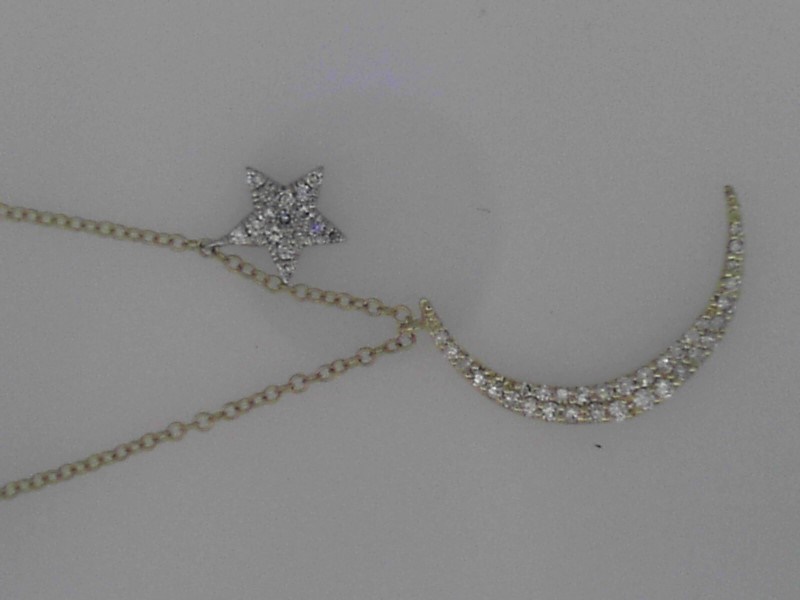 14K YELLOW GOLD CABLE CHAIN WITH A MOON AND SATR DROP WITH .24CTTW ROUND I1 CLARITY & HI COLOR DIAMONDS