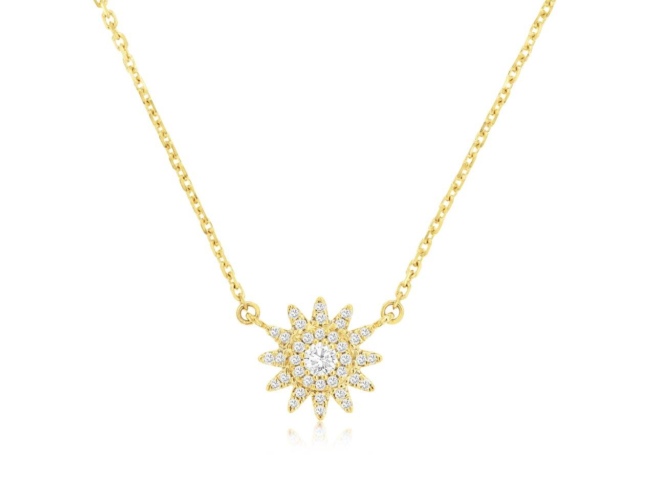 14K YELLOW GOLD SUN PENDANT WITH .17CTTW ROUND I1 CLARITY & HI COLOR DIAMONDS ON A 16/17/18